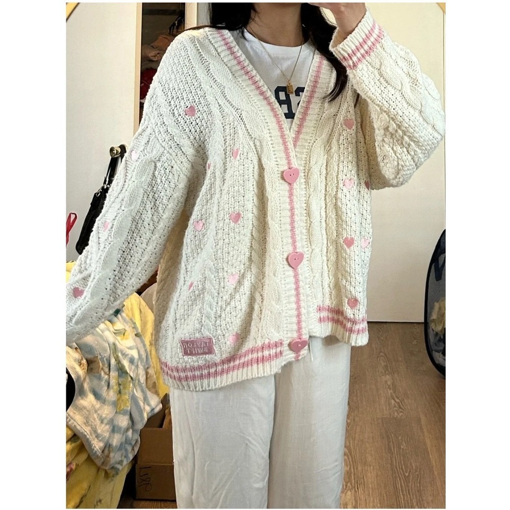 Taylor Swift‎ Lover Cardigan Cream Pink Heart Embroidered Knit Sweater MD/LG